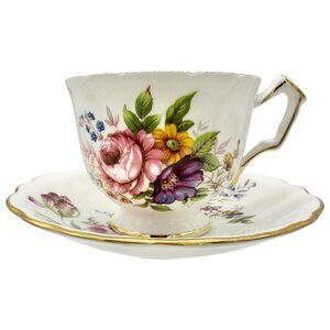 Aynsley Fine English Bone China Teacup w Saucer White Floral Gold Trim Numbered